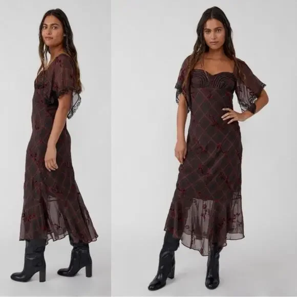 green emerald velvet dress Fallen Flowers Floral Mesh Off-Shoulder Midi Dress, Cream / L